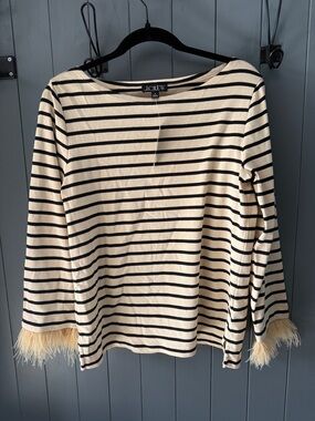 J. Crew Cream and Black Striped Long Sleeve Top with Feathered Cuffs